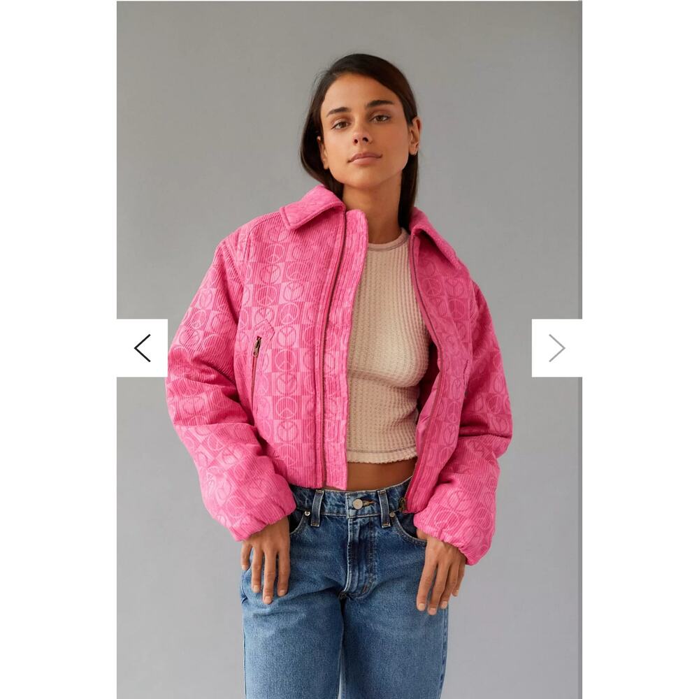 Urban Outfitters UO Femme Embossed‎ Jacket Sz Medium Pink Puffer Full Zip Peace